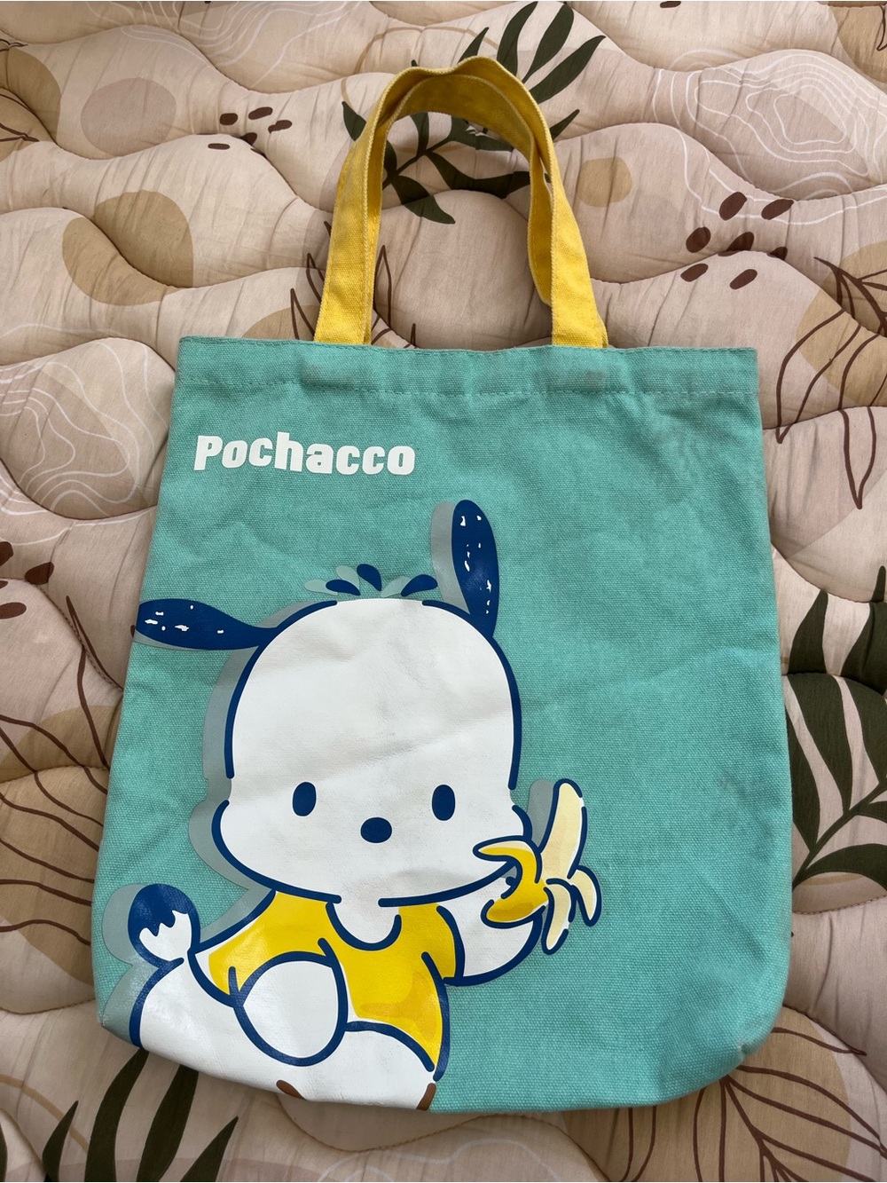 Pochacco Canvas Tote Bag in Teal with Yellow Handles